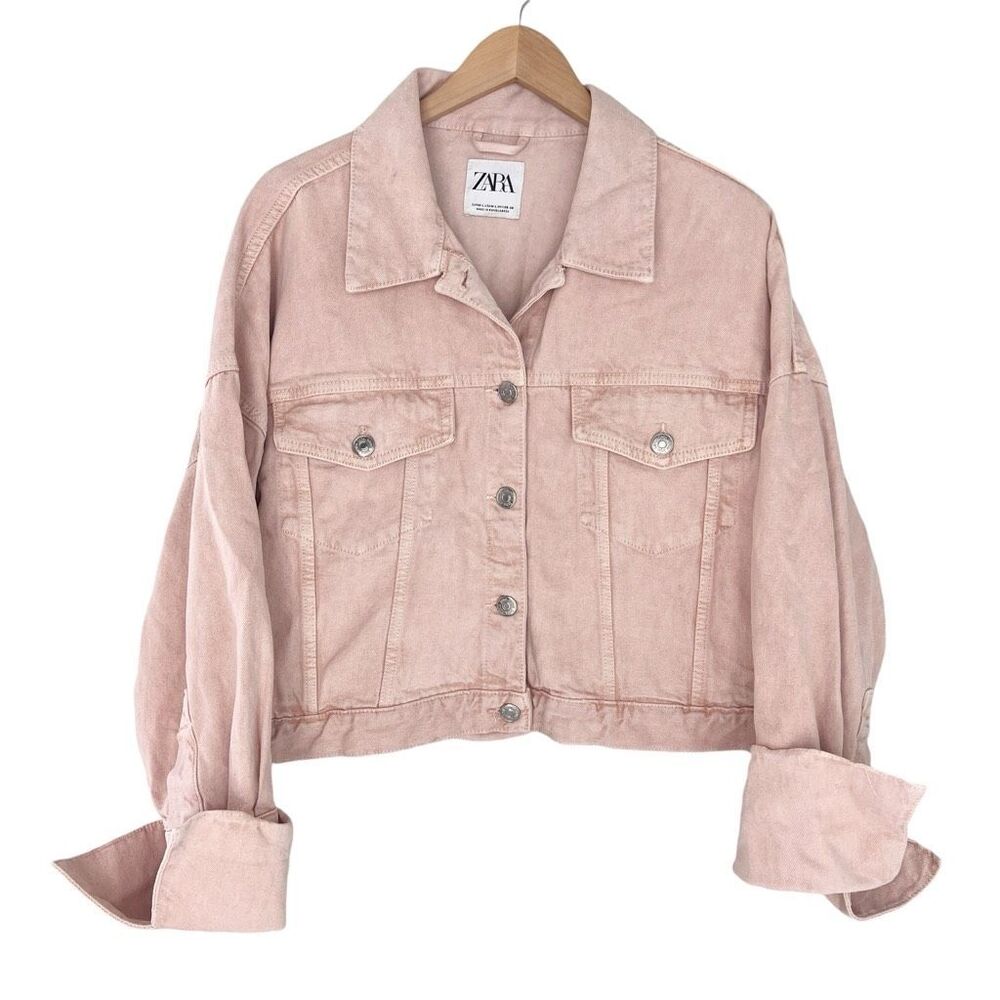 ZARA Women’s M-L Blush Pink 100% Cotton Jean Denim Cropped Boxy Relaxed Jacket